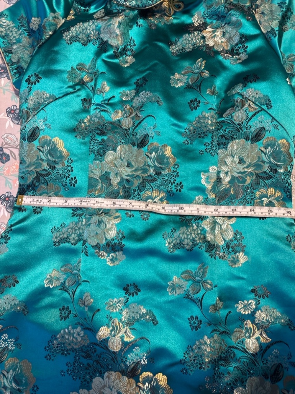 Handmade Teal Brocade Cheongsam Dress | Size 6 | 52” L | Mandarin Collar Formal - Picture 4 of 9